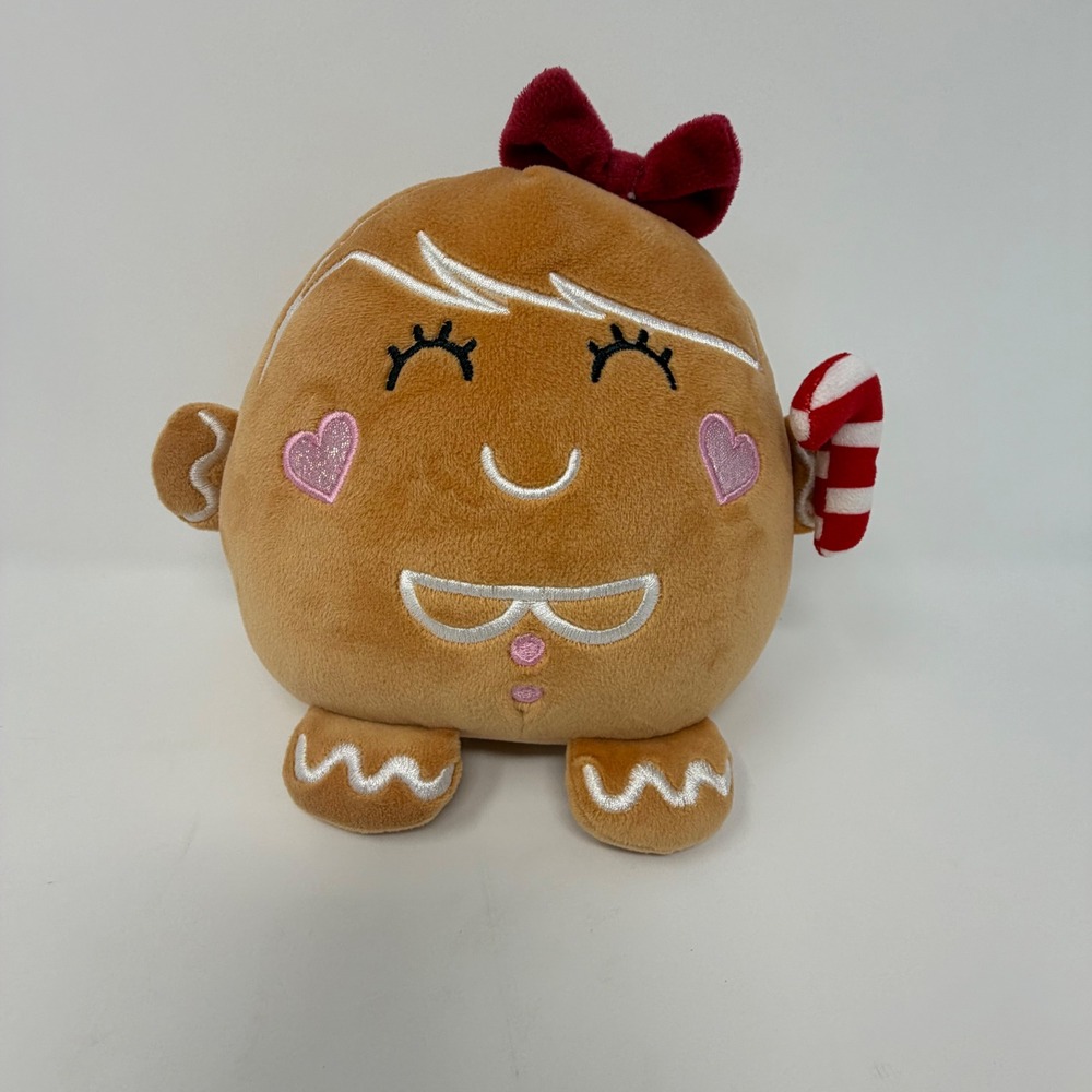 Gingerbread Girl Christmas Plush 8 inch Brown Red Bow Candy Cane Holiday Cookie